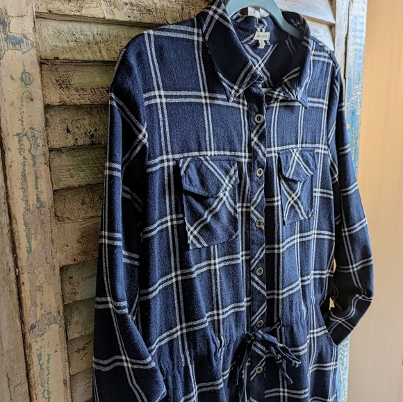 Flannel Tunic Dress Drawstring Shirt Dress with Pockets Navy Blue Plaid - Picture 2 of 4